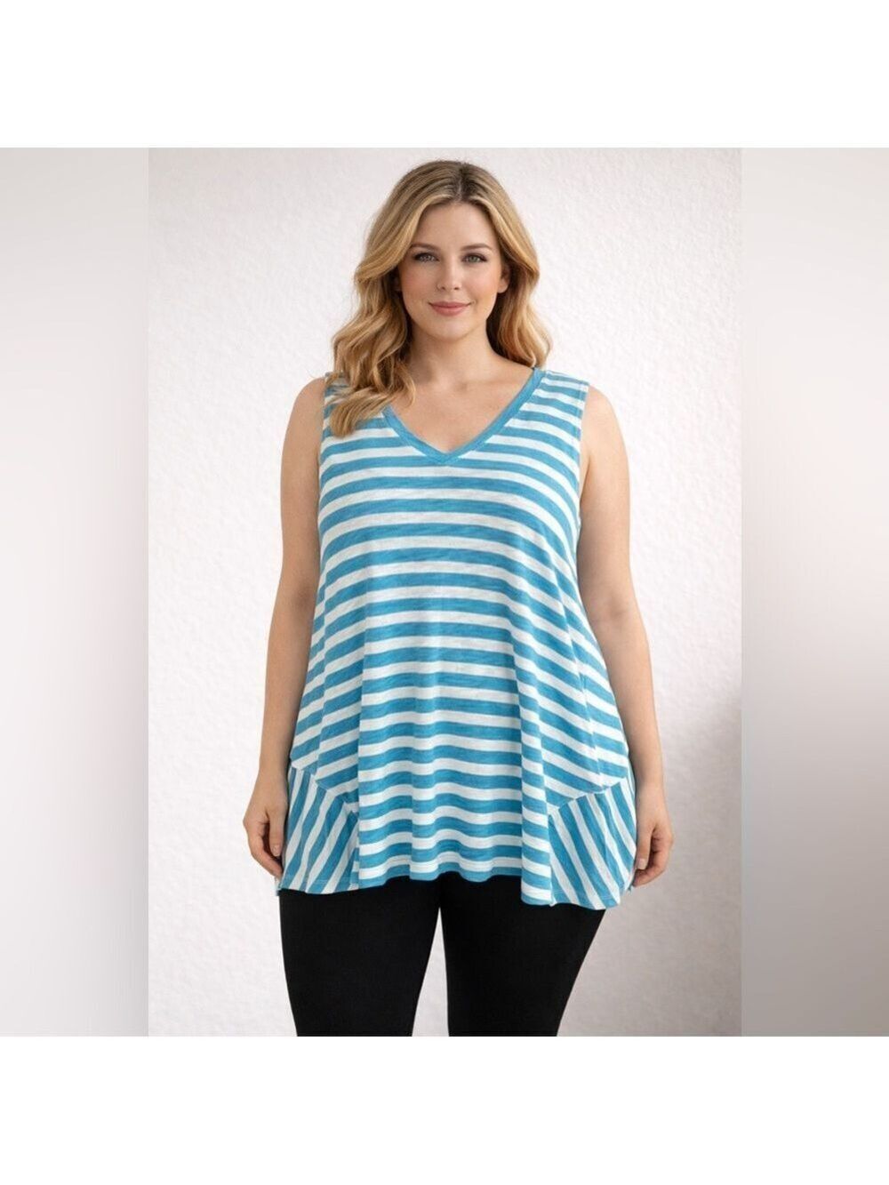 Woman Within Striped Sleeveless Tunic Tank Top Blue White Plus Size 1X 22/24